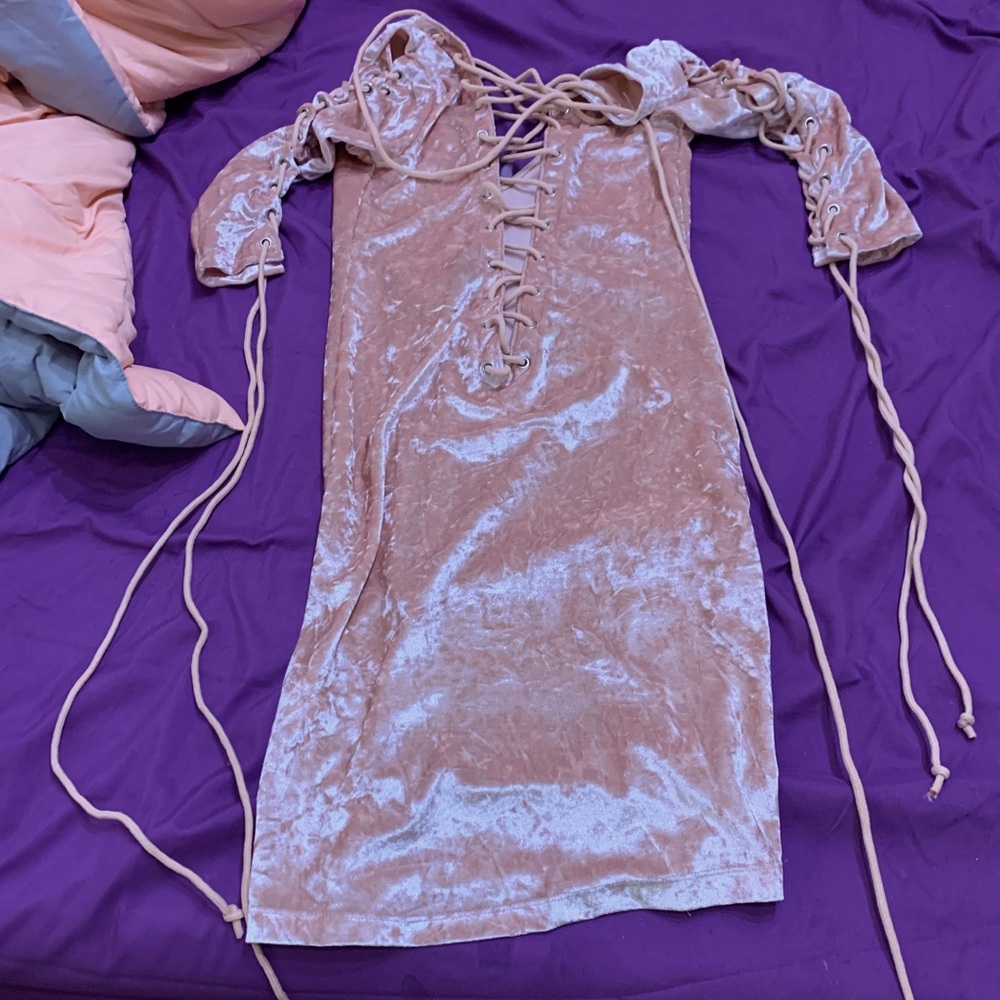 Pink velvet lace up dress